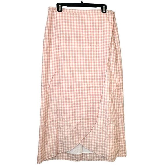 LPA Gingham Check Wrap Side Button Tulip Hem Lined Midi Skirt Pink White XL